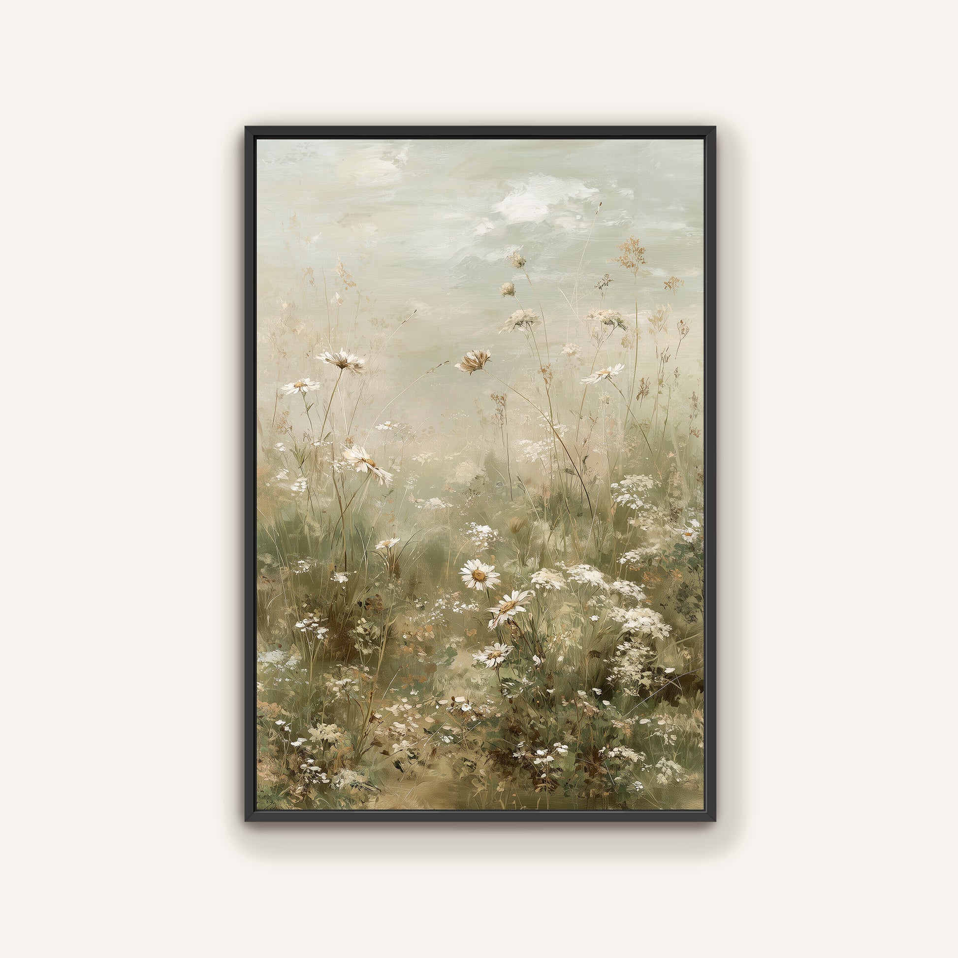 The image is a painting of a field of white flowers, with a soft, hazy background.