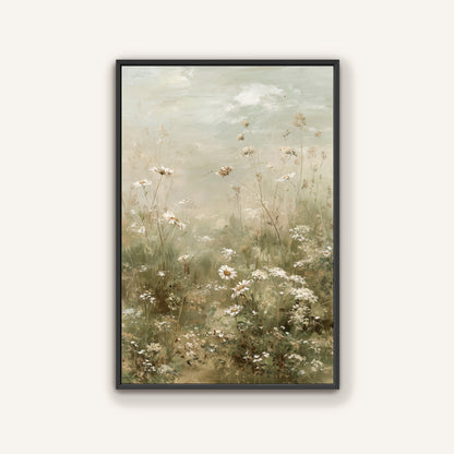 The image is a painting of a field of white flowers, with a soft, hazy background.