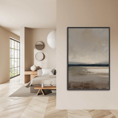 Vast canvas art with soft taupe, charcoal, and cream gradients in a tranquil modern bedroom setting