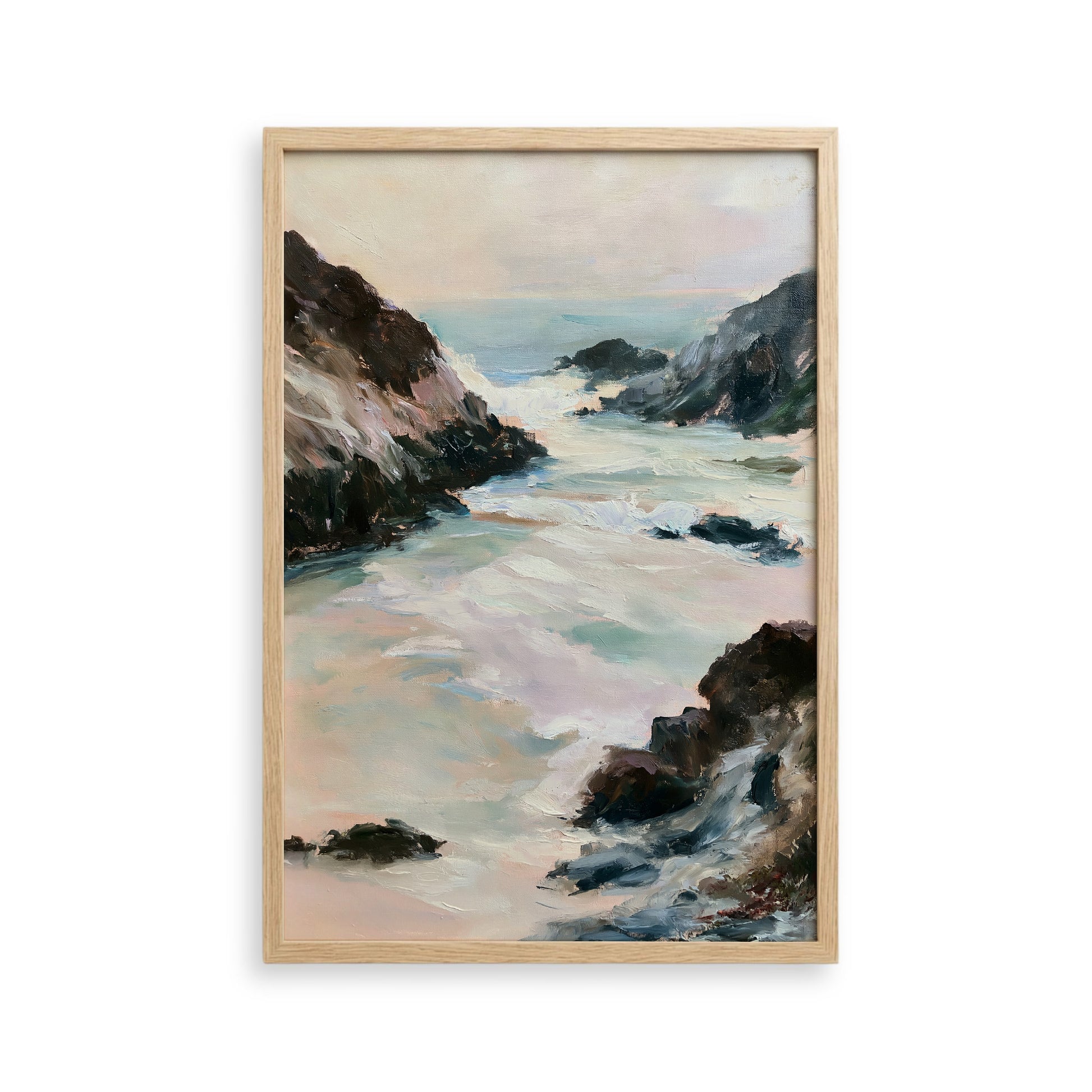 The image is a painting depicting a serene coastal landscape with rocky cliffs, crashing waves, and a hazy sky.