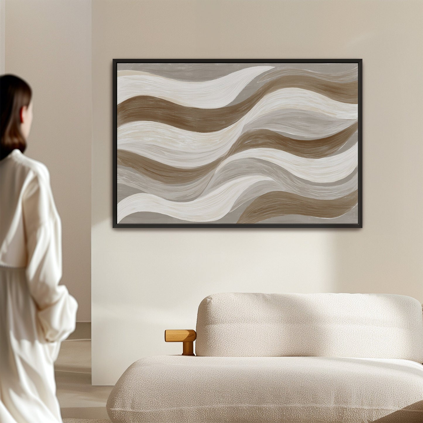 Abstract Flux canvas print with flowing cream, taupe, and clay waves in a black frame, perfect for modern neutral interiors