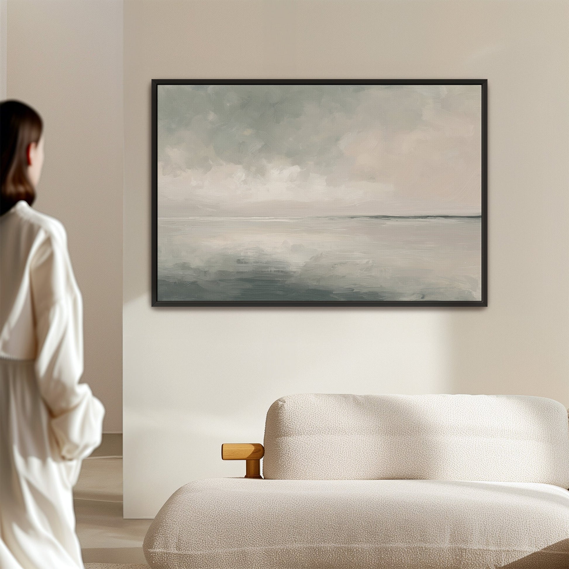 Aure Cavas Print framed abstract seascape art with soft neutral tones hanging in modern living room