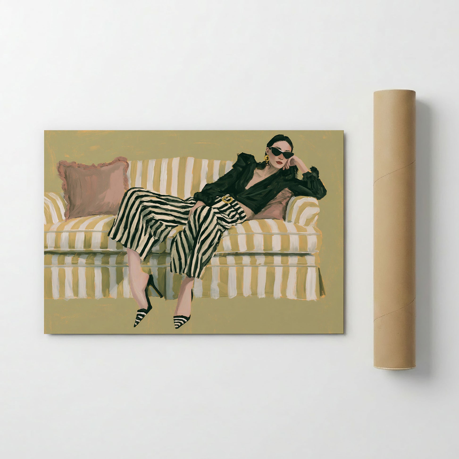 A woman is sitting on a striped couch, wearing a black top and striped pants, with a pair of sunglasses on her face.