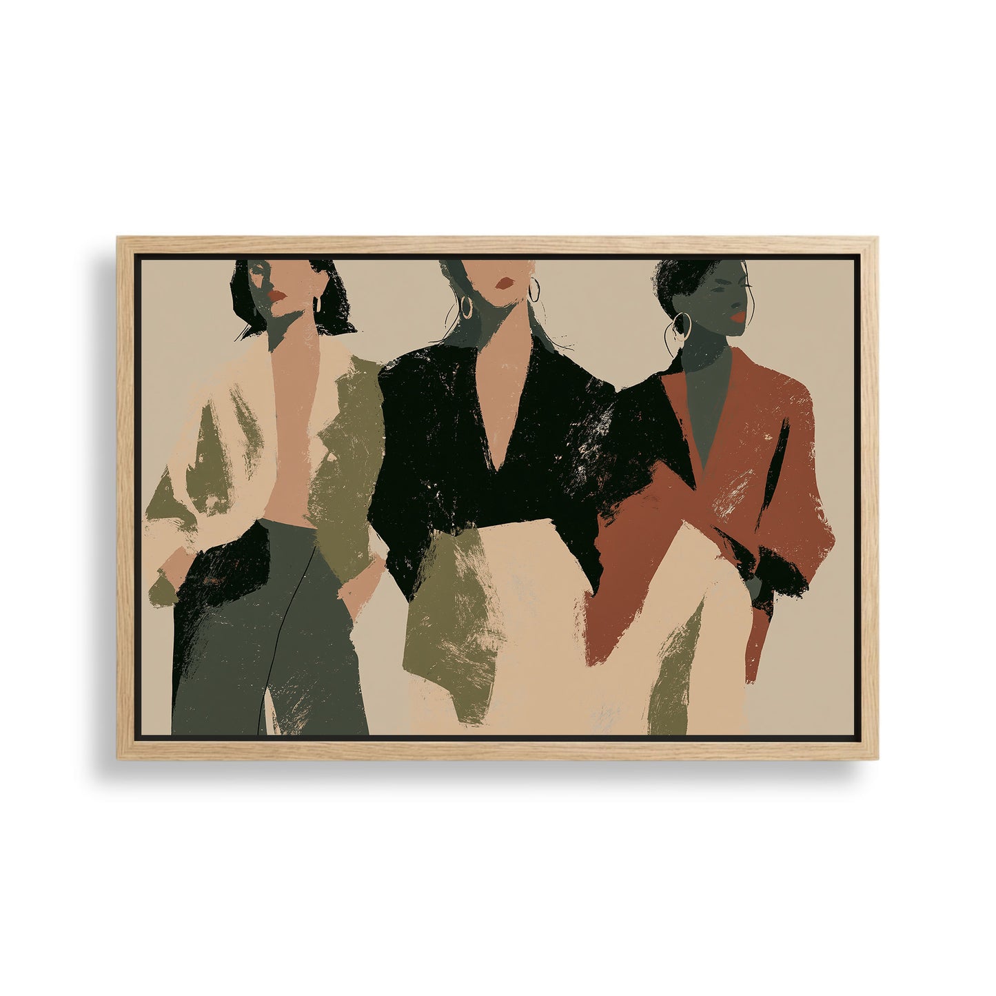 The image is a framed artwork depicting three stylized human figures in different outfits, arranged in a balanced composition.