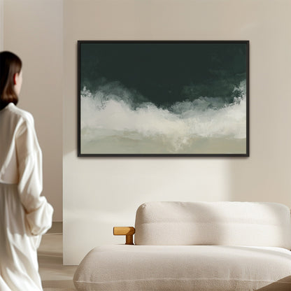 Surge Canvas Wall Art with deep emerald and soft white tones in a black frame above a beige sofa in a modern living room
