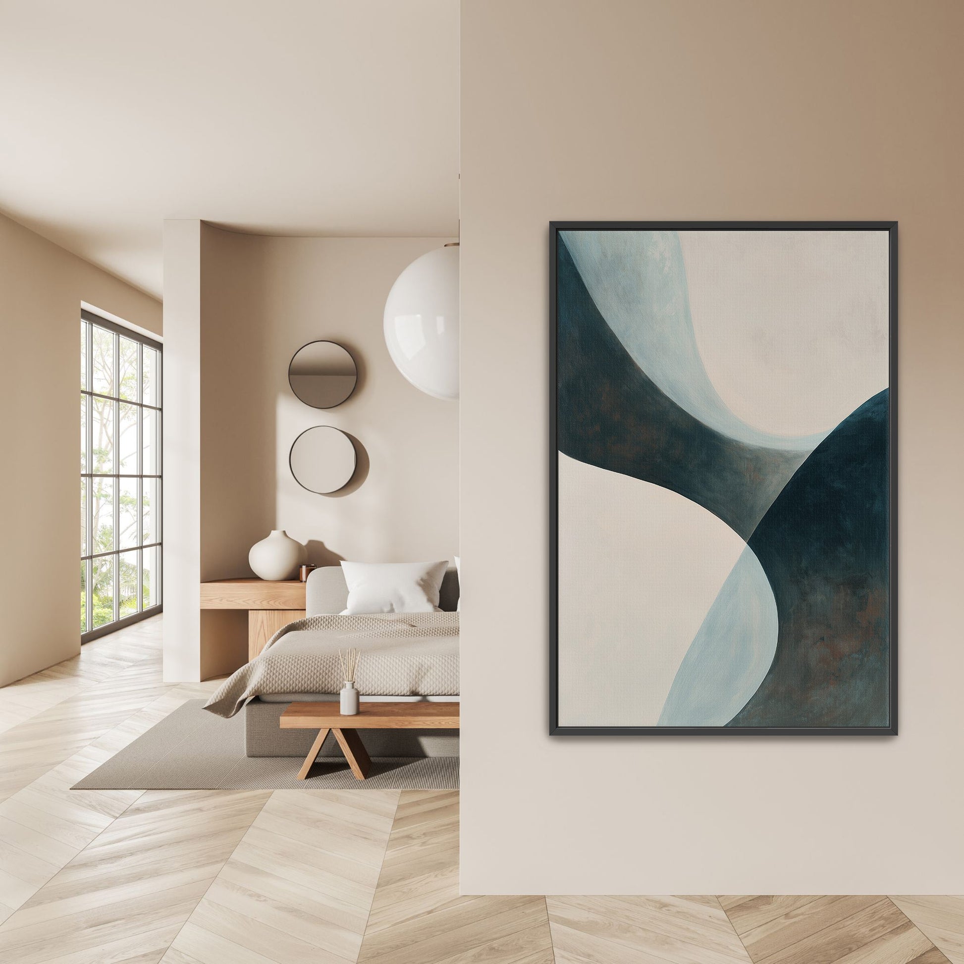 'Bend' canvas artwork featuring soft teal, cream, and muted earth curves in a black frame, displayed in a modern bedroom.