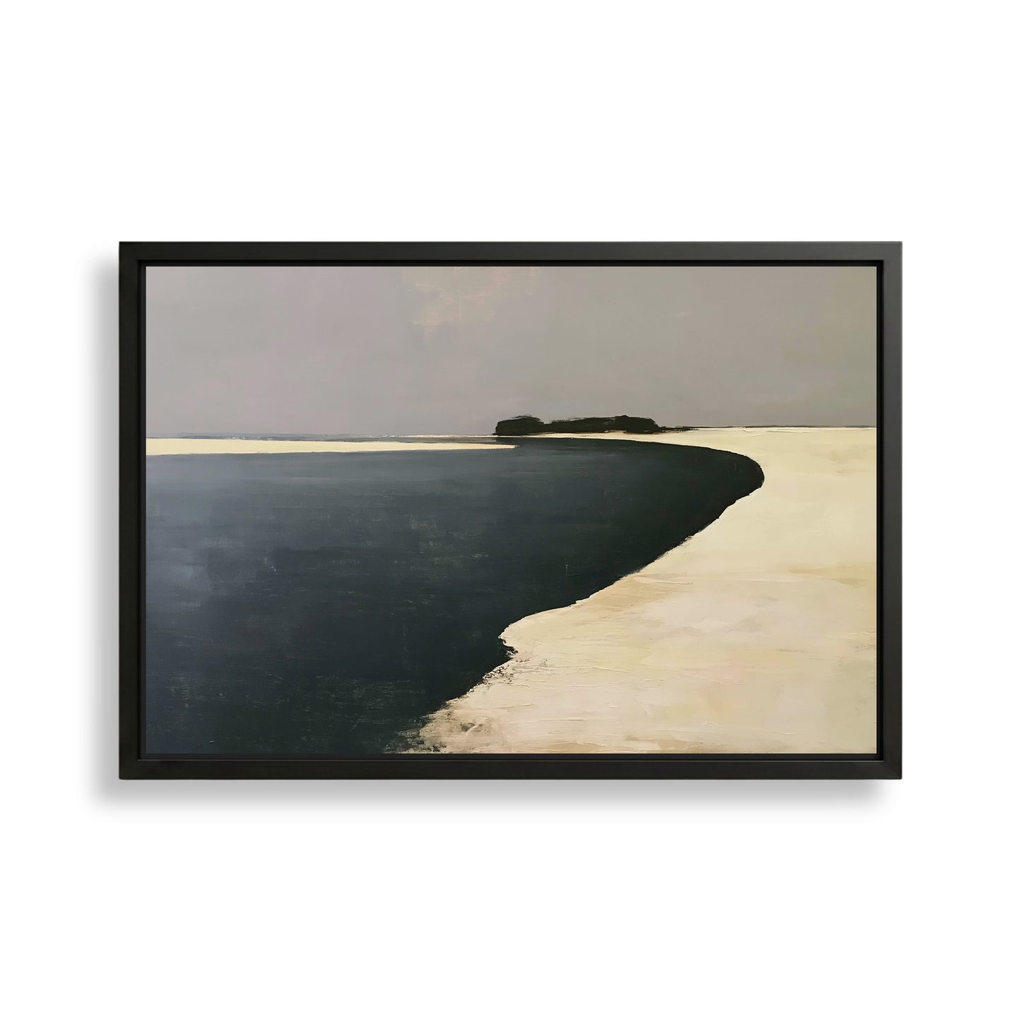 The image is a framed painting depicting a serene landscape with a body of water and a sandy beach.