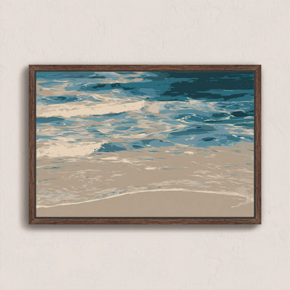 Marin Canvas Print showing abstract shoreline waves in blues and neutrals with a wooden frame on wall