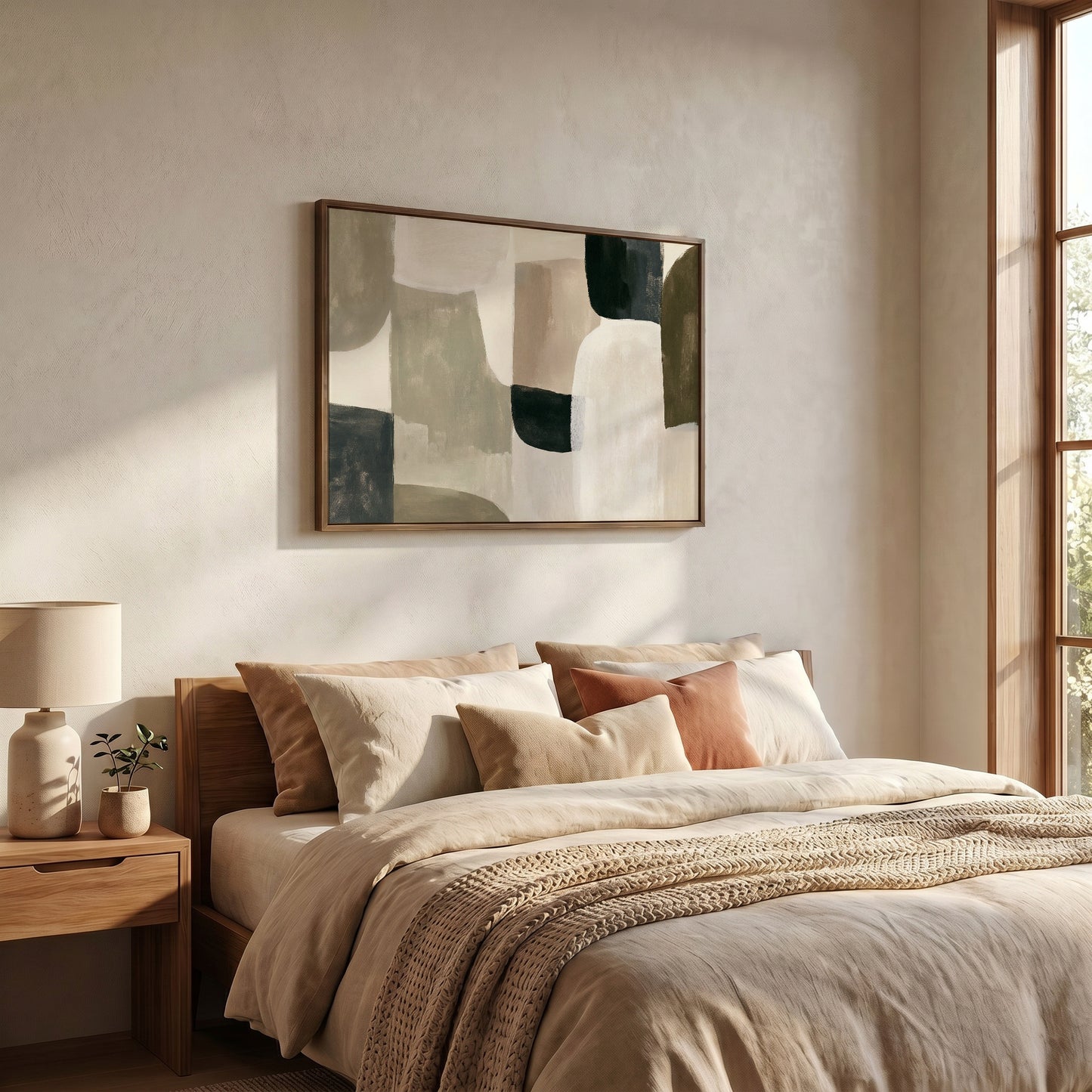 a serene and cozy bedroom with a large bed adorned with beige and brown bedding, complemented by a wooden nightstand and a lamp. Above the bed, there is a framed abstract painting hanging on the wall, adding an artistic touch to the room.