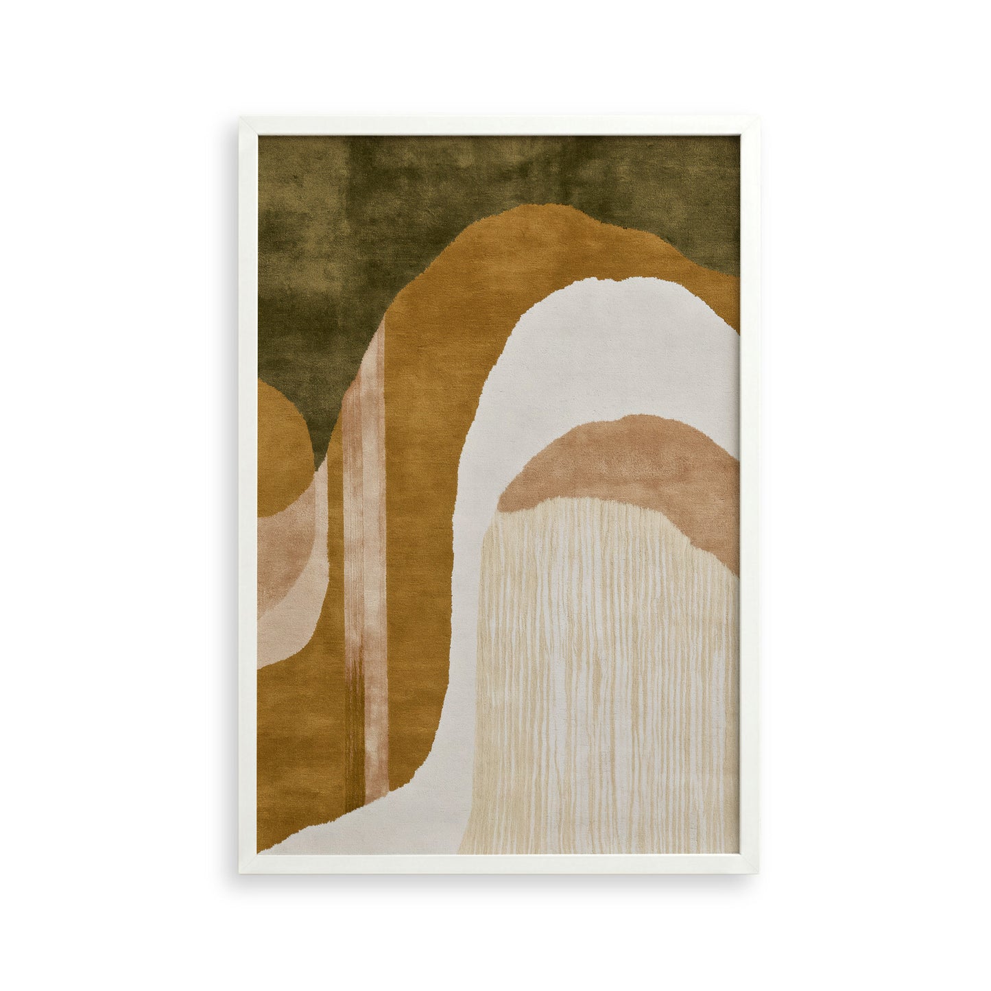 The image is a framed abstract art piece featuring a colorful, textured composition of various shapes and colors.