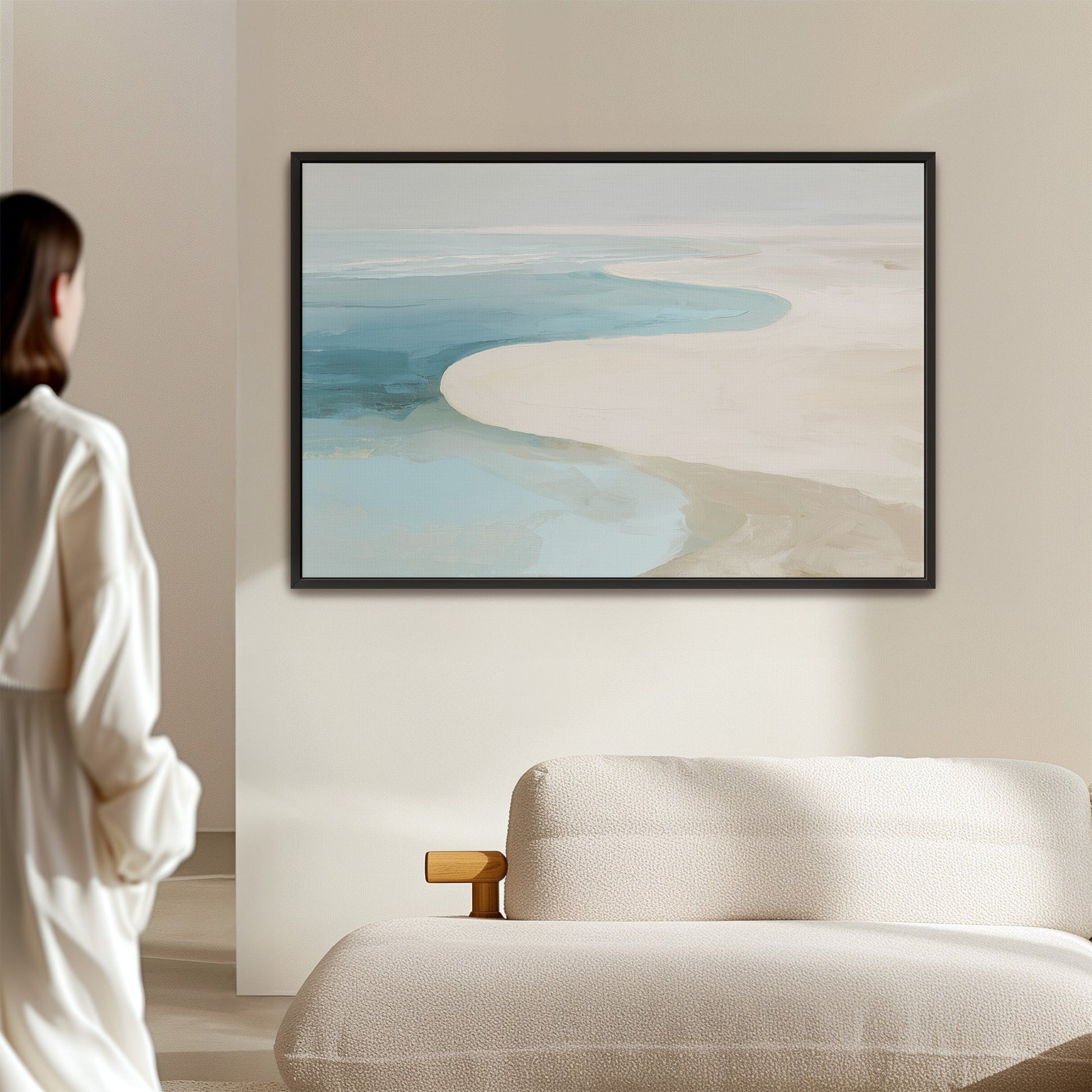 Tideway Canvas Wall Art depicting serene coastal landscape with soft ivory, beige, and blue tones in minimalist style
