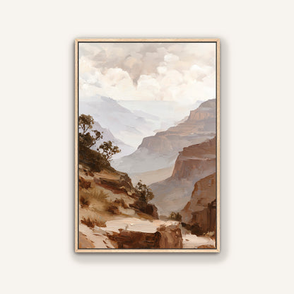 The image is a framed painting depicting a scenic landscape with mountains, trees, and a cloudy sky.
