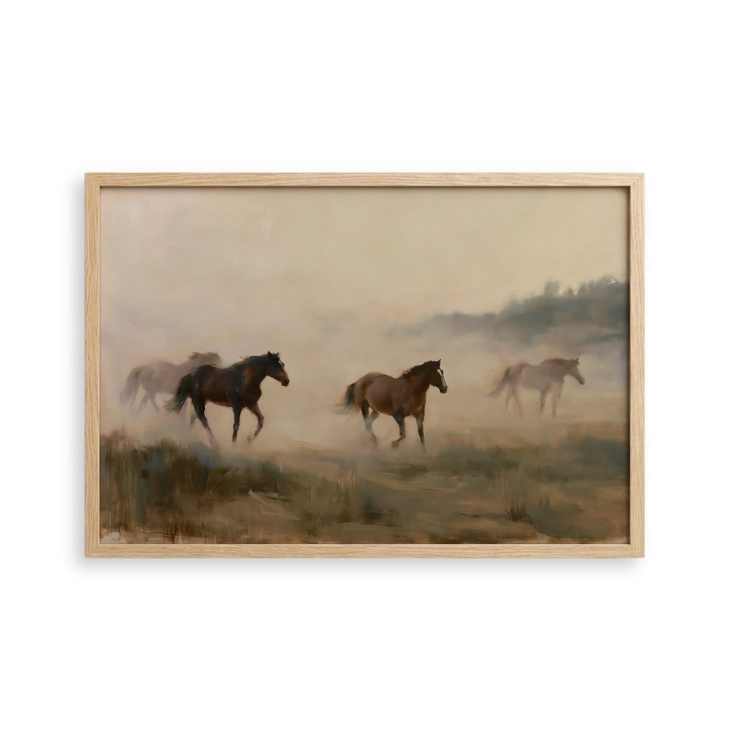 a group of horses running across a grassy field, with a hazy background.