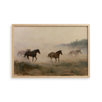 a group of horses running across a grassy field, with a hazy background.