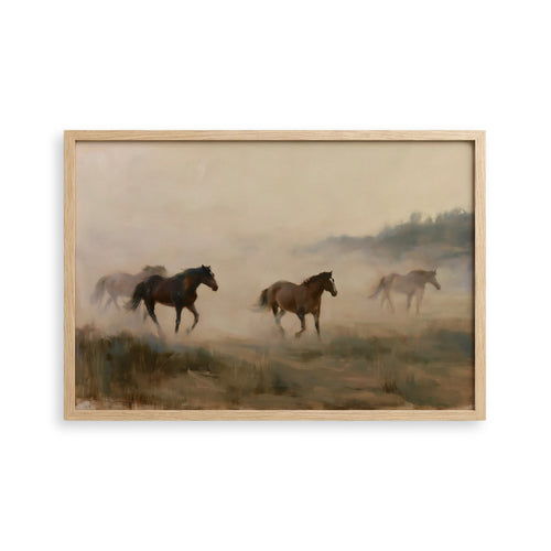 a group of horses running across a grassy field, with a hazy background.