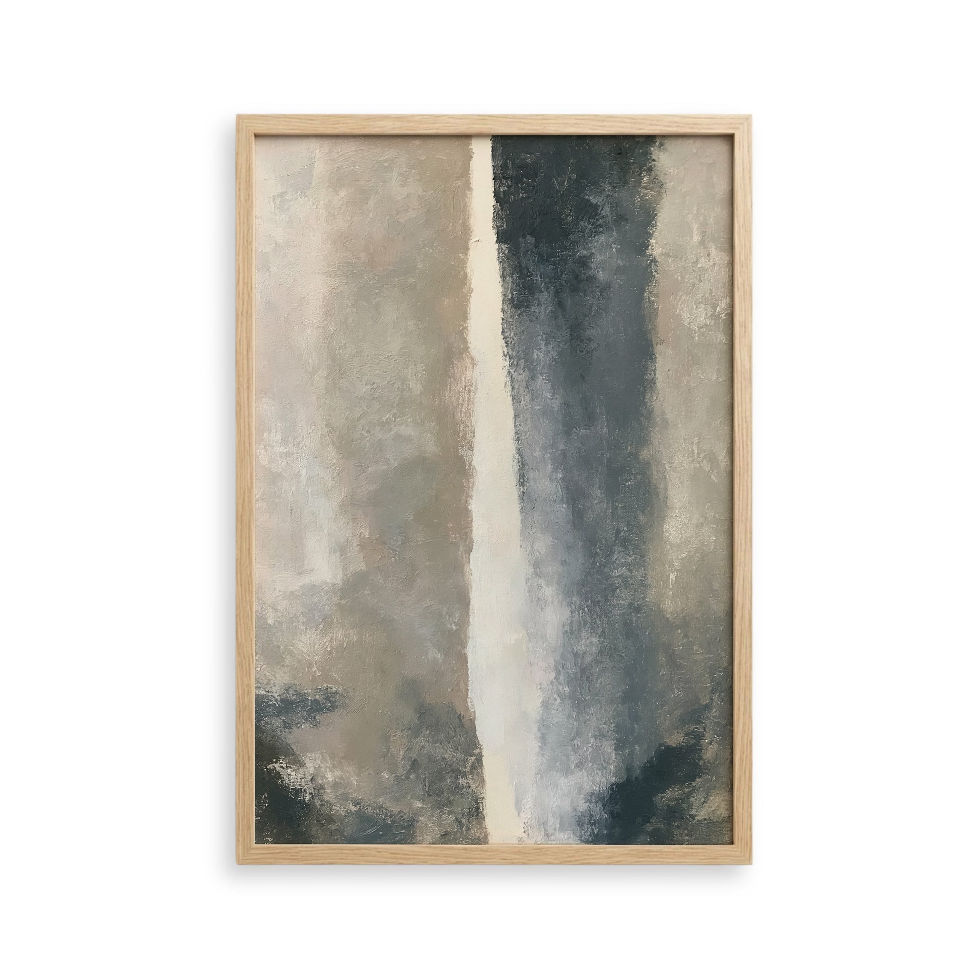 The image is a framed abstract painting with a predominantly gray and white color palette. The painting features a vertical line running through the center, creating a sense of movement and depth. The frame is made of wood and has a simple, clean design.