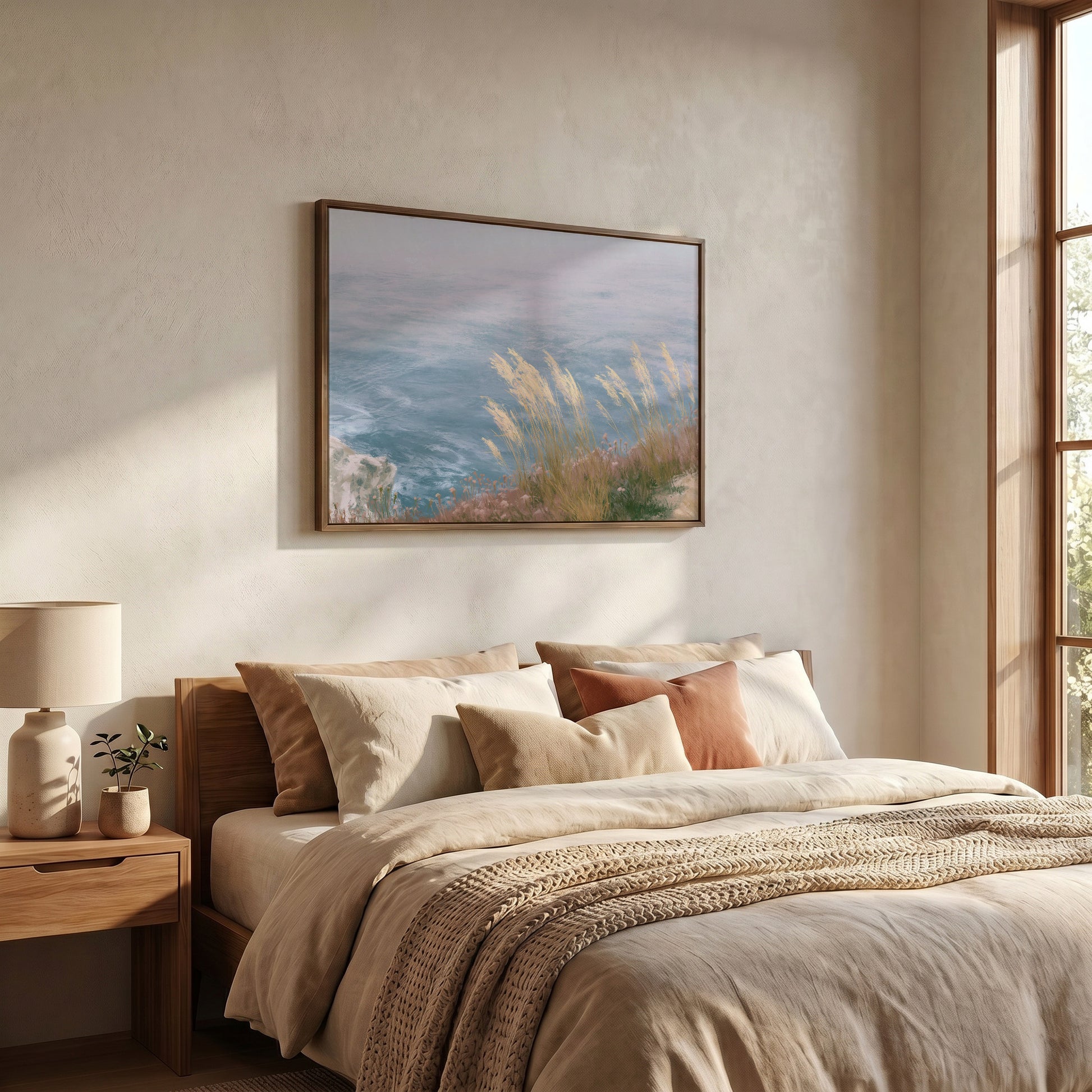 a serene bedroom scene with a large bed adorned with beige bedding and a framed painting of a coastal landscape hanging above it.