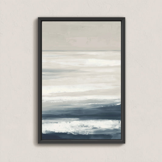 Syd Canvas Print with calming ivory, sand, and indigo sea-inspired abstract layers in a black frame
