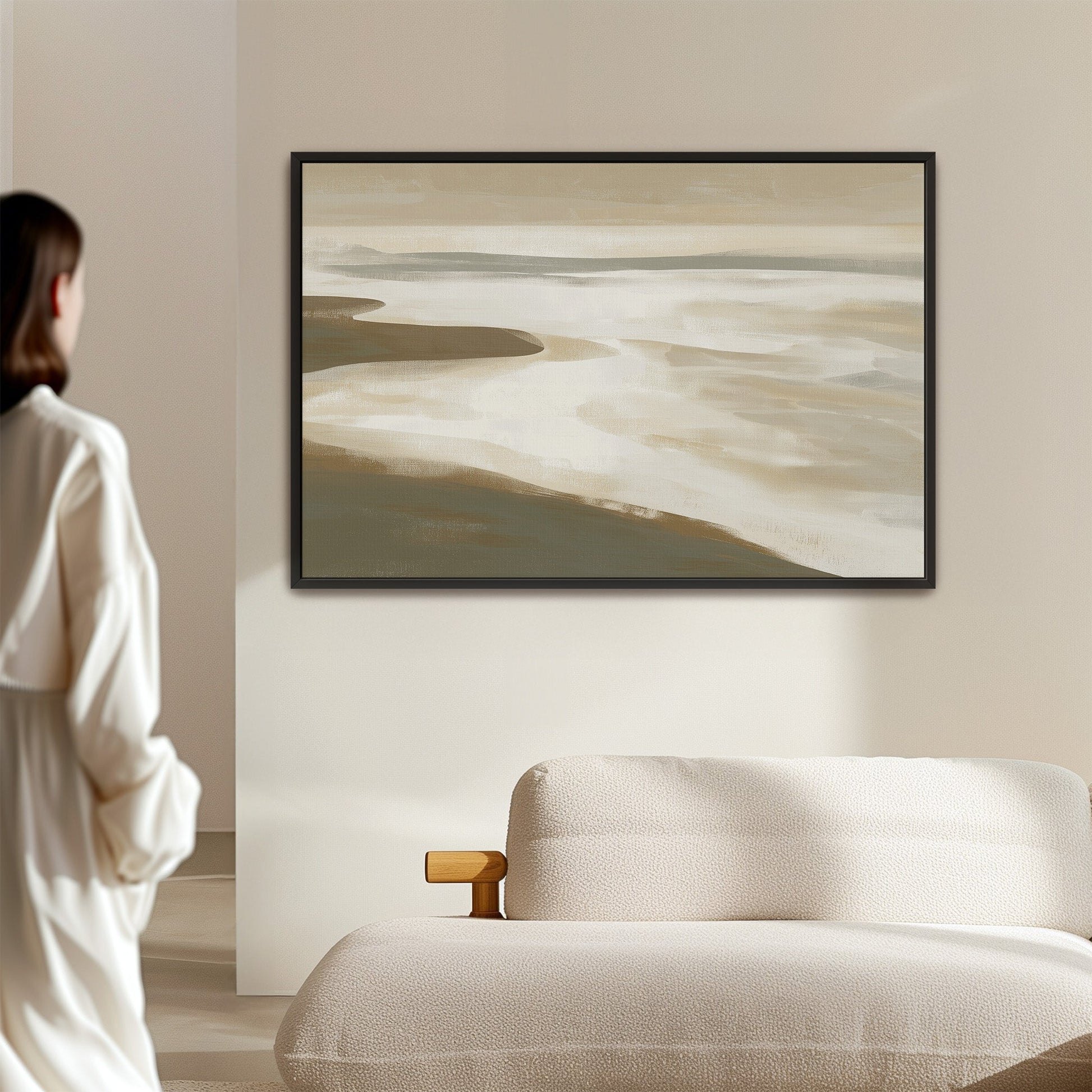 Emie Canvas Print of serene coastal landscape in beige, ivory, and olive tones, framed and gallery wrapped, perfect for tranquil home decor