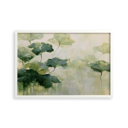 The image is a painting of green leaves and flowers, with a soft, pastel color palette.