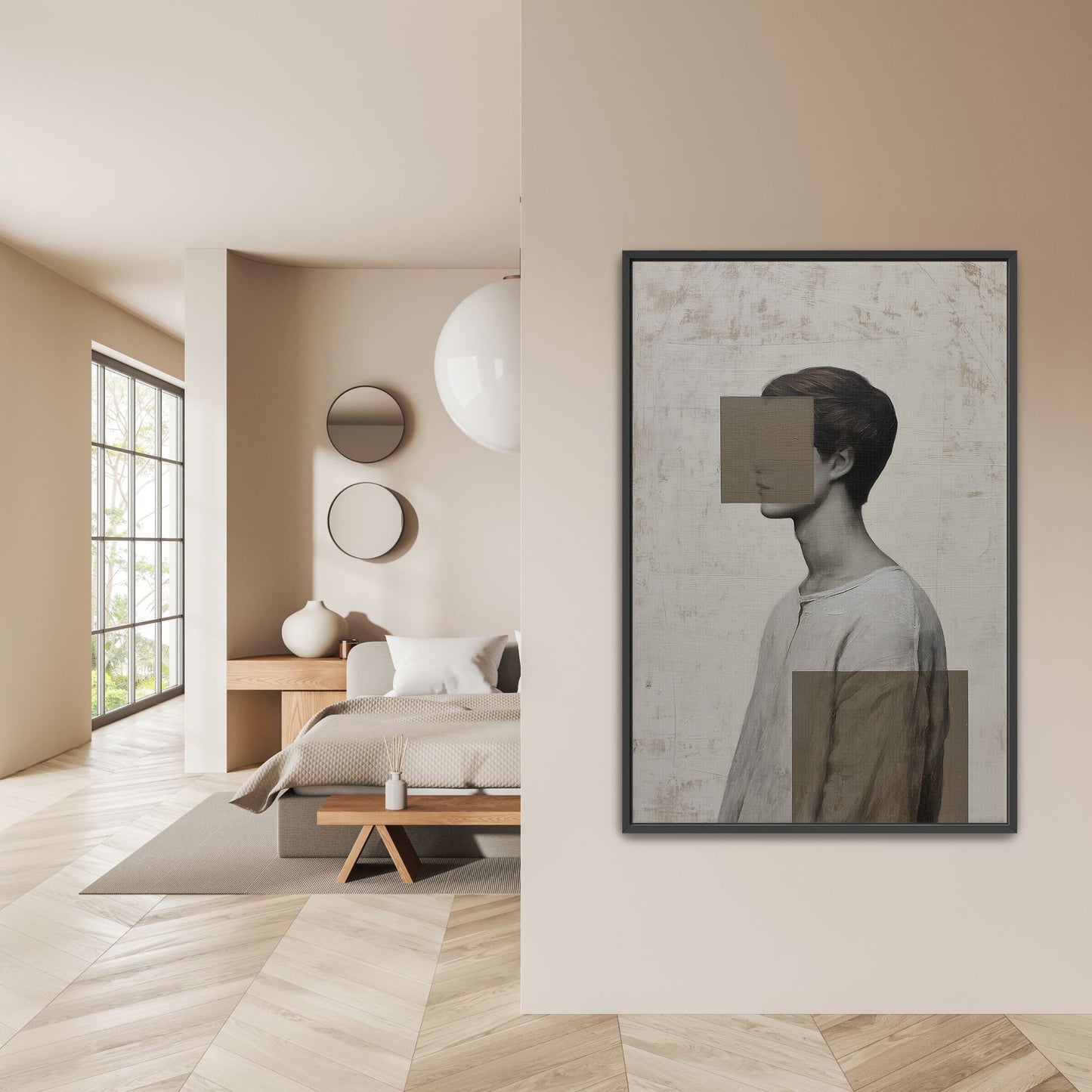 Modern "Masked" canvas print portrait in neutral tones with geometric abstraction, hanging in minimalist bedroom
