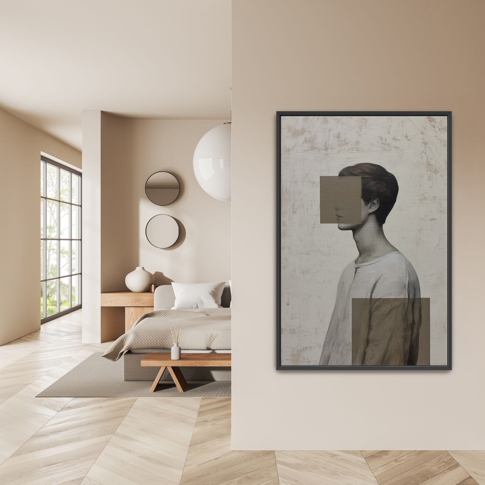 Modern "Masked" canvas print portrait in neutral tones with geometric abstraction, hanging in minimalist bedroom