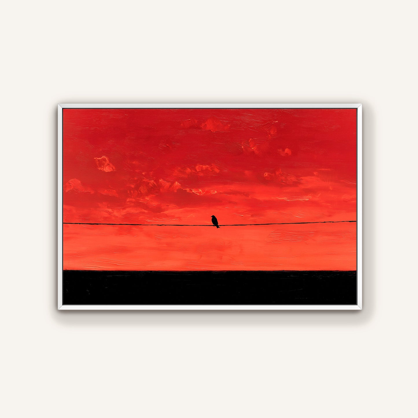 A lone bird perched on a wire against a vibrant red sky.