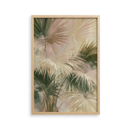 The image is a framed print featuring a close-up view of palm leaves in various shades of green and beige.