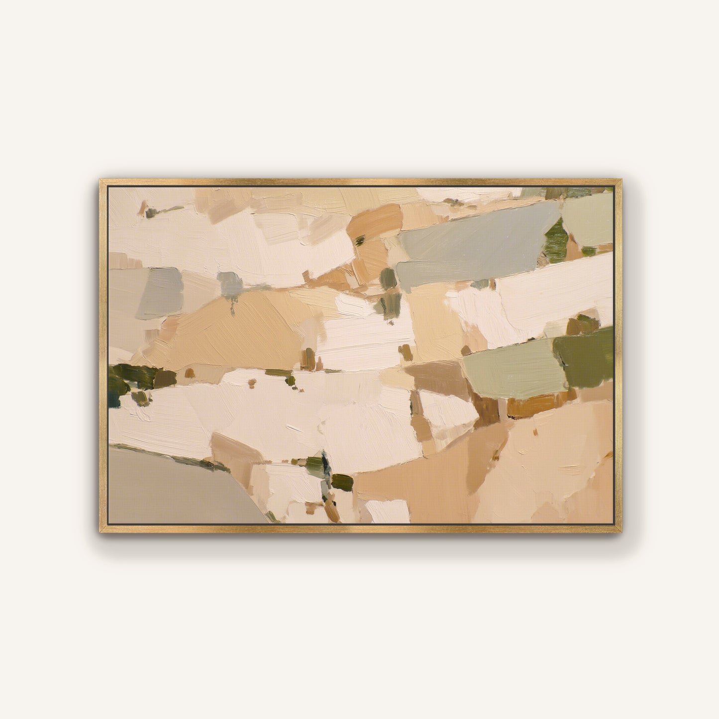 The image is a large abstract painting with a predominantly beige and brown color palette. The painting features various brushstrokes and textures, creating a sense of depth and movement across the canvas.