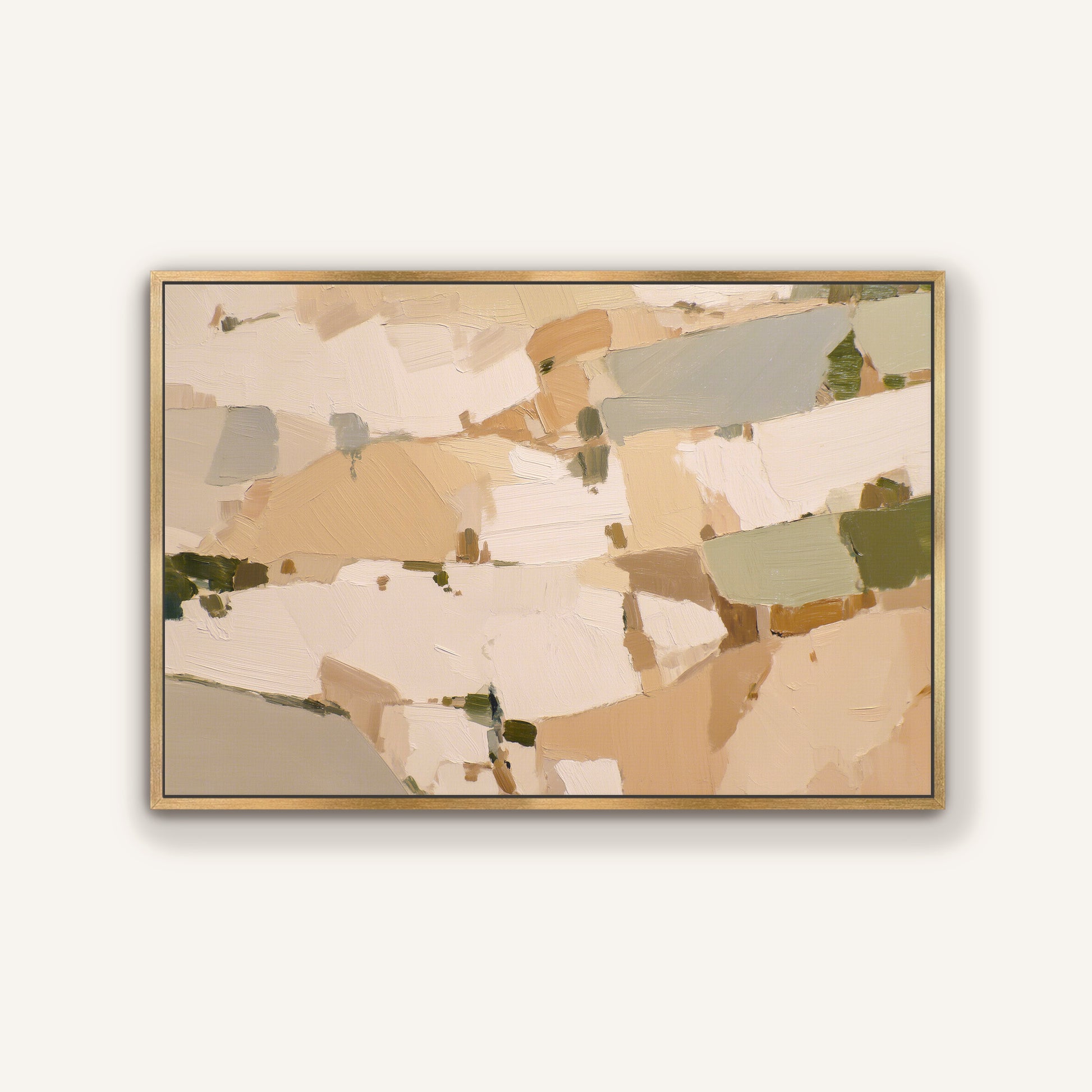 The image is a large abstract painting with a predominantly beige and brown color palette. The painting features various brushstrokes and textures, creating a sense of depth and movement across the canvas.
