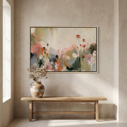 a large, colorful painting of flowers hanging on a wall above a wooden bench. The painting is framed and appears to be a vibrant display of nature.