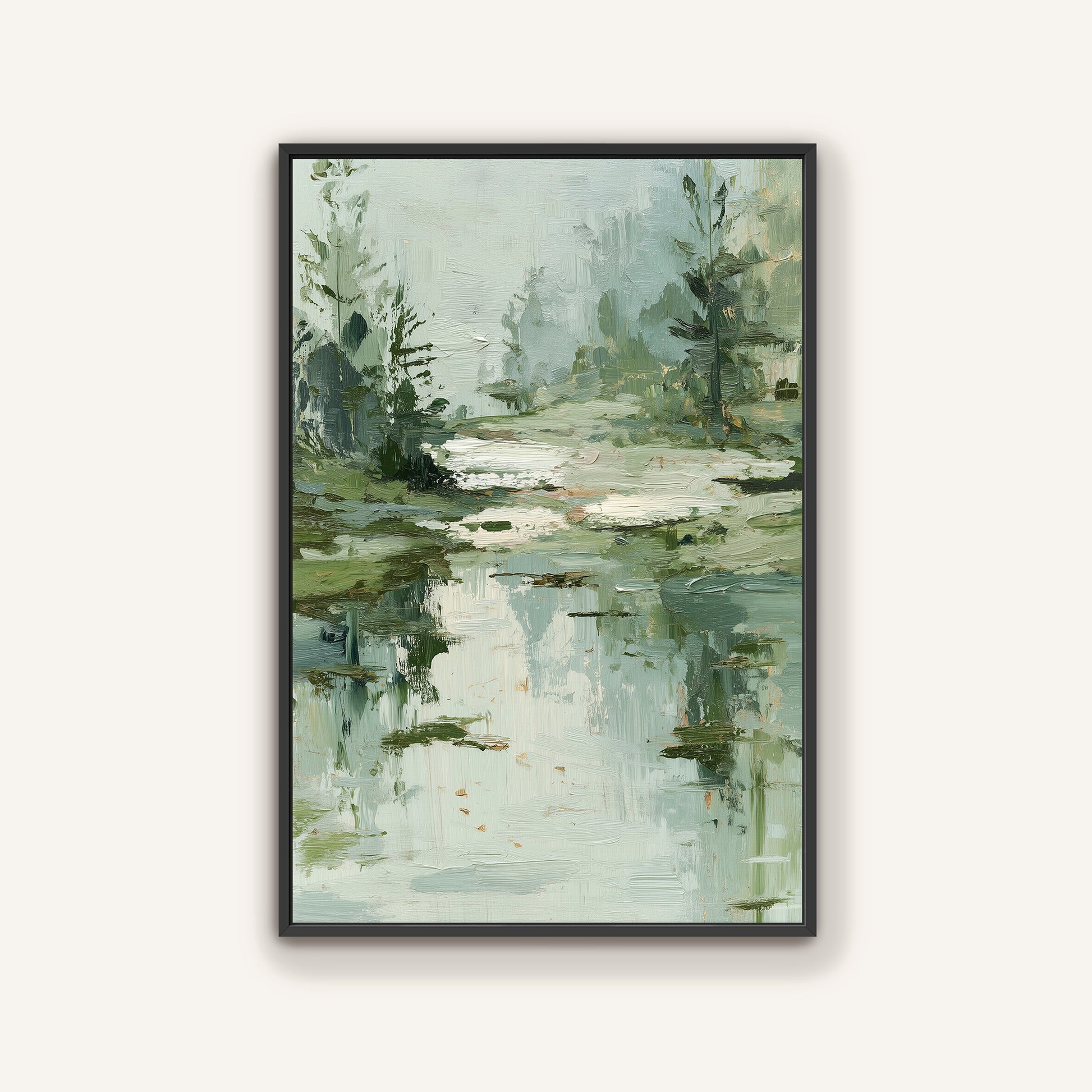 The image is a painting depicting a serene landscape with a body of water, trees, and a misty atmosphere.