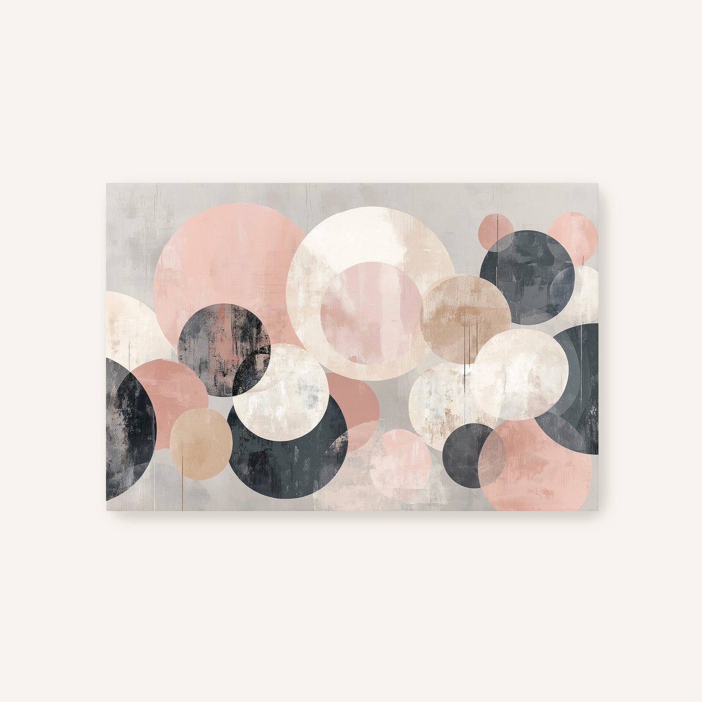 The image is a modern abstract art piece featuring a variety of overlapping circles in different shades of pink, black, and gray.