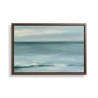 The image is a framed painting depicting a serene ocean scene with a calm, blue-green color palette.