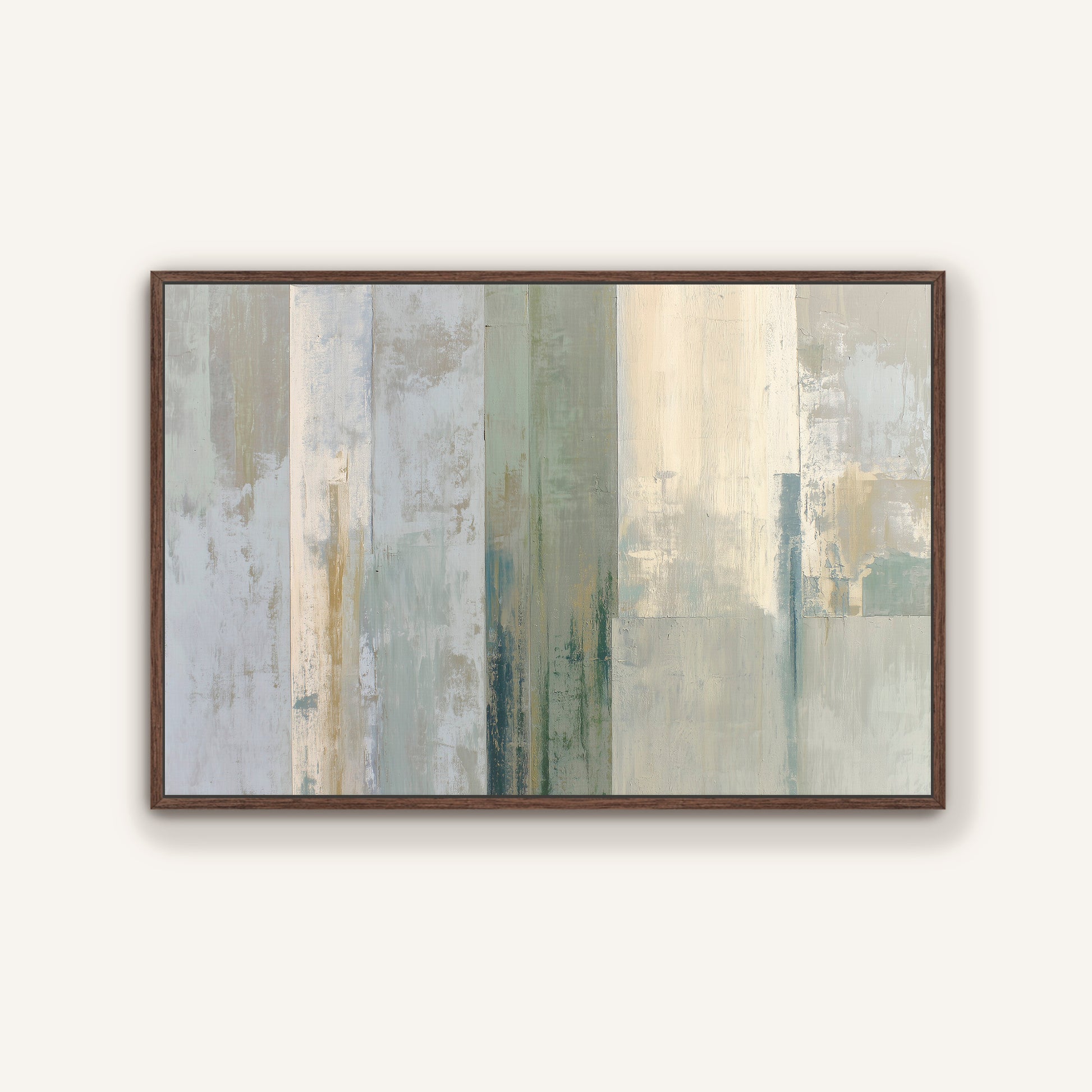 The image is a framed abstract painting with a minimalist and modern style, featuring vertical lines and a color palette of various shades of gray and white.