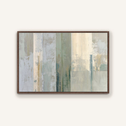 The image is a framed abstract painting with a minimalist and modern style, featuring vertical lines and a color palette of various shades of gray and white.