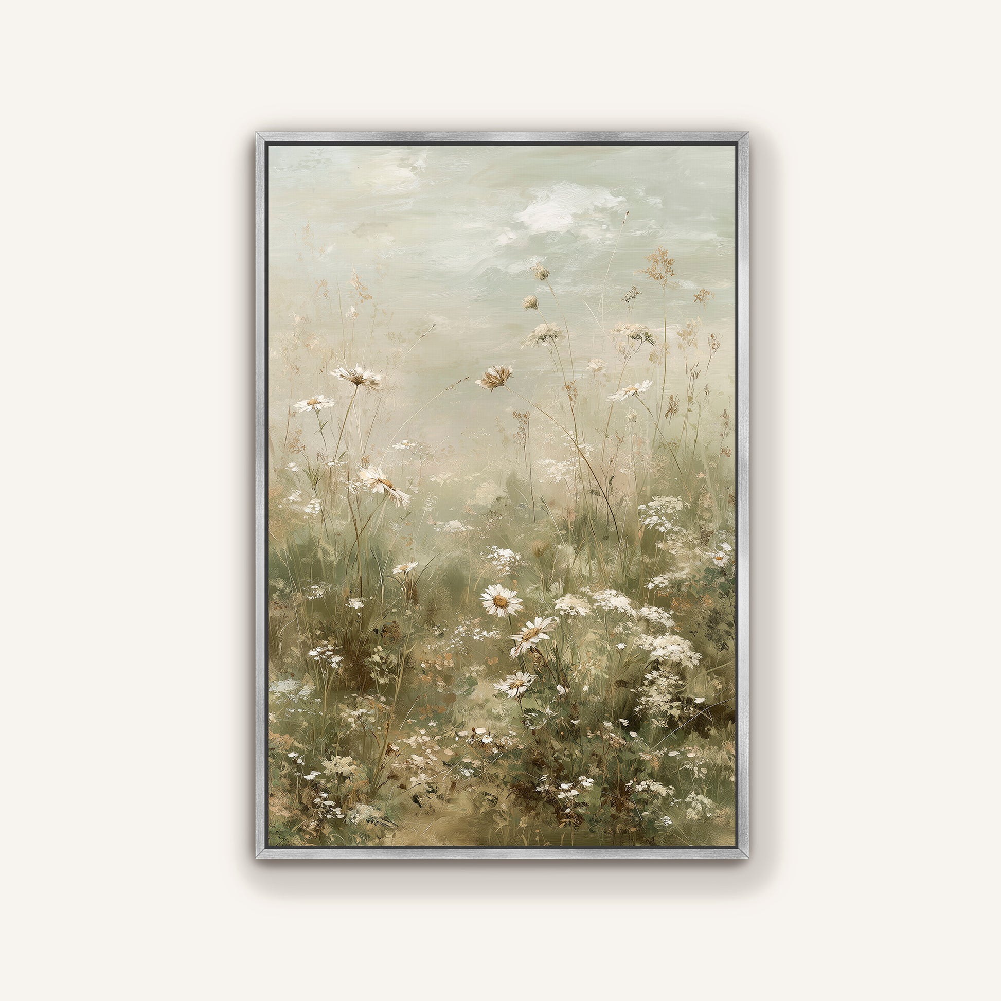 The image is a painting of a field of white flowers, with a soft, hazy background that creates a serene and peaceful atmosphere.