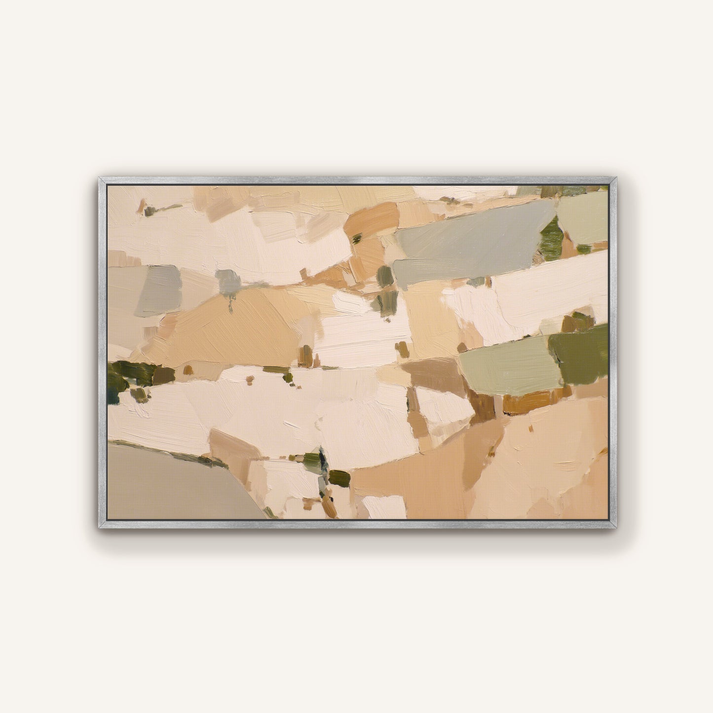 The image is a framed abstract painting with a predominantly beige and brown color palette. The painting features various shapes and textures, creating a visually interesting and dynamic composition.