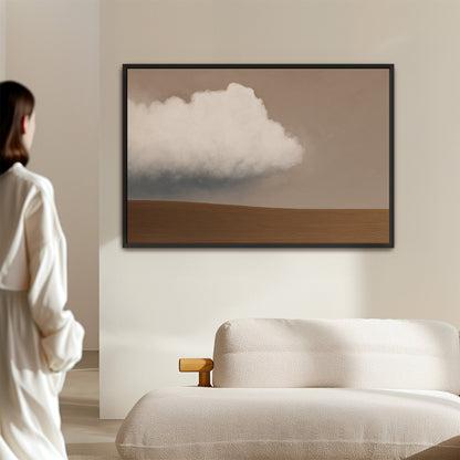Aerie Canvas Print minimalist landscape with single cloud and muted earth tones in black frame above sofa