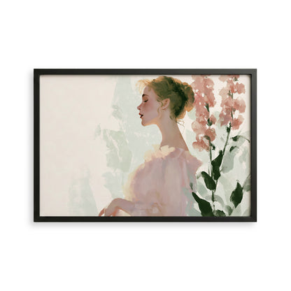 A framed painting depicting a woman in profile, with a pink dress and a floral background.