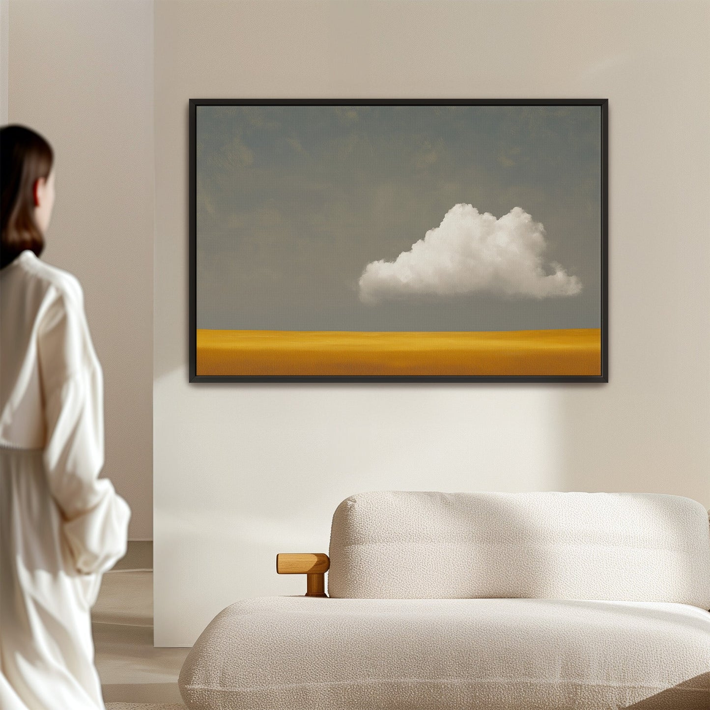 Mellow Canvas Print of a single white cloud over a soft golden plain with muted gray sky in a minimalist modern interior