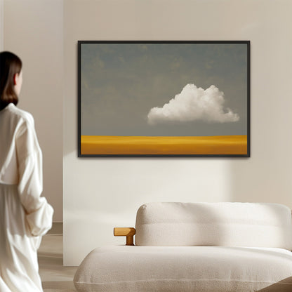 Mellow Canvas Print of a single white cloud over a soft golden plain with muted gray sky in a minimalist modern interior