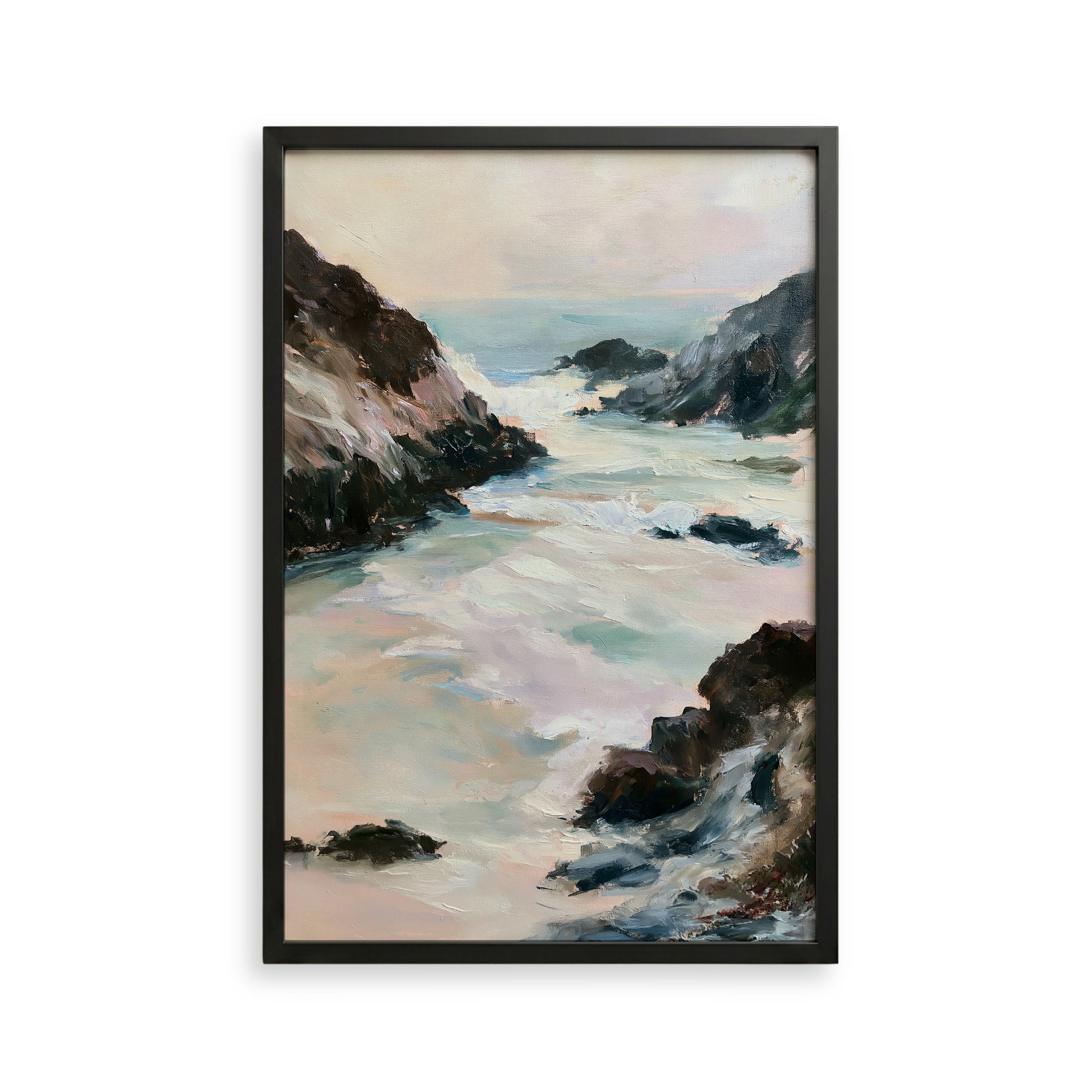 The image is a framed painting depicting a serene coastal landscape with rocky cliffs, crashing waves, and a hazy sky.
