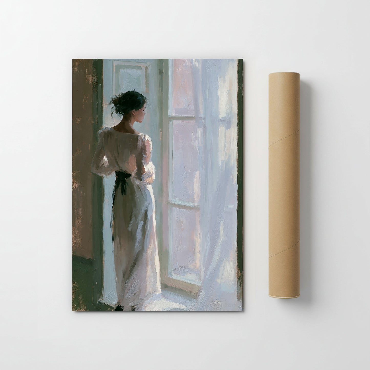 The image is a painting of a woman standing in front of a window, looking out.
