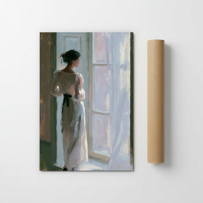 The image is a painting of a woman standing in front of a window, looking out.