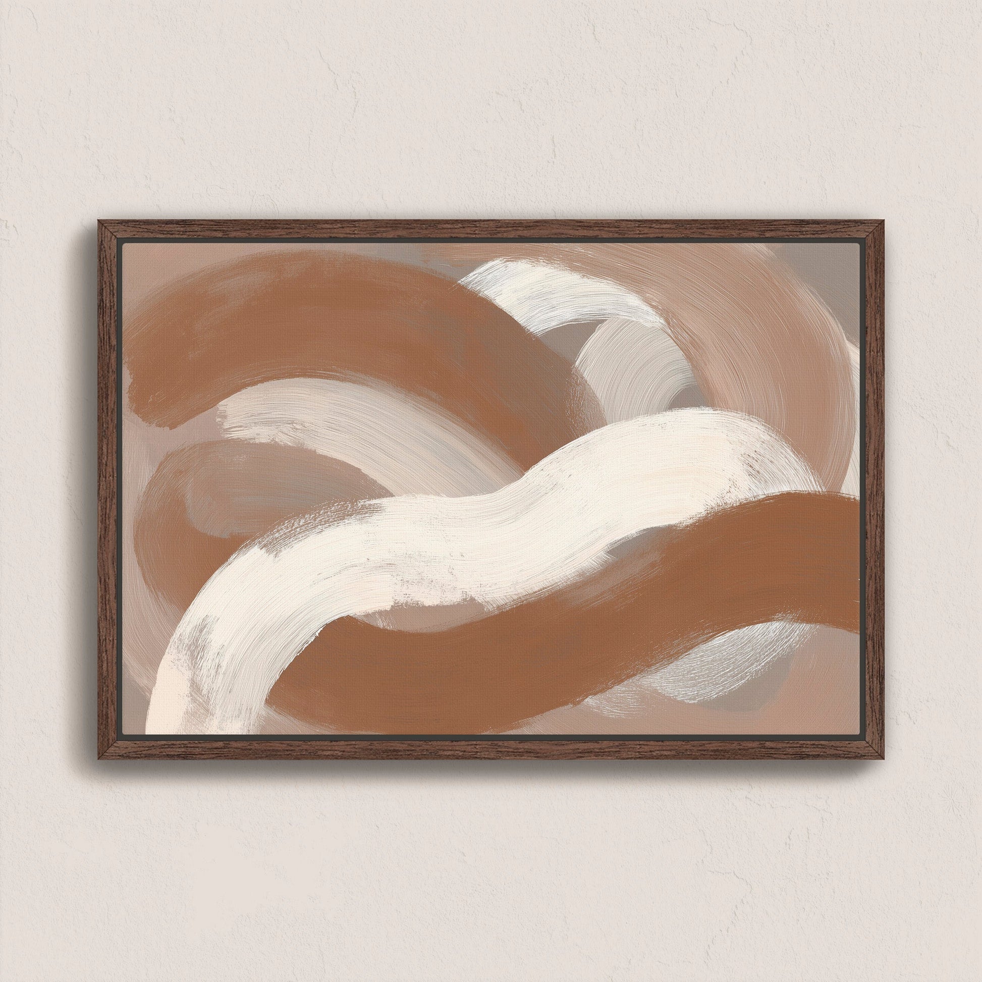 Abstract "Current" canvas print with taupe, ivory, and sienna brushstrokes in a walnut frame