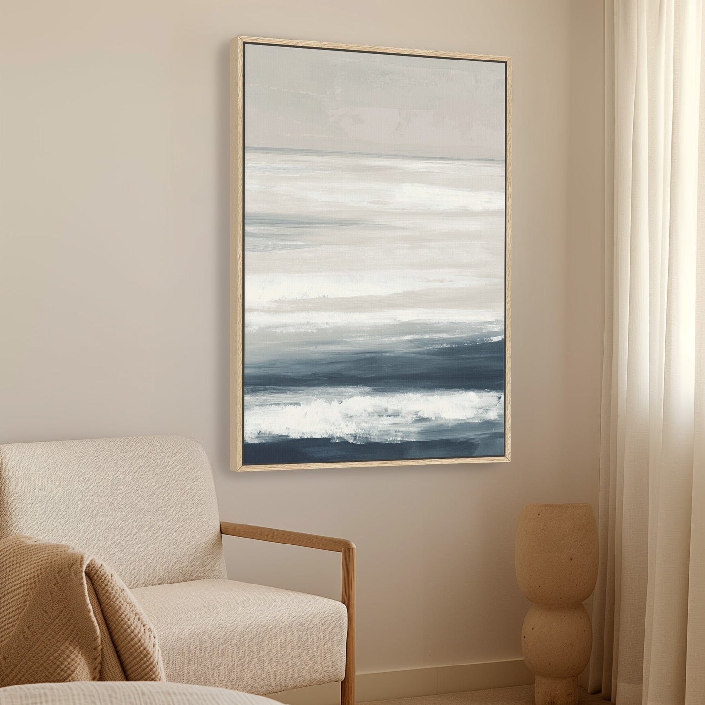 Syd Canvas Print depicting serene ocean layers in ivory, sand, and indigo on archival-grade canvas, framed in natural wood, perfect for modern coastal interiors.