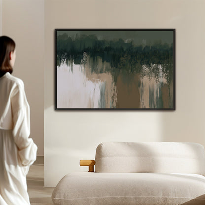 Abstract Forestline canvas print in deep greens and taupe tones, framed and displayed in a modern living room.