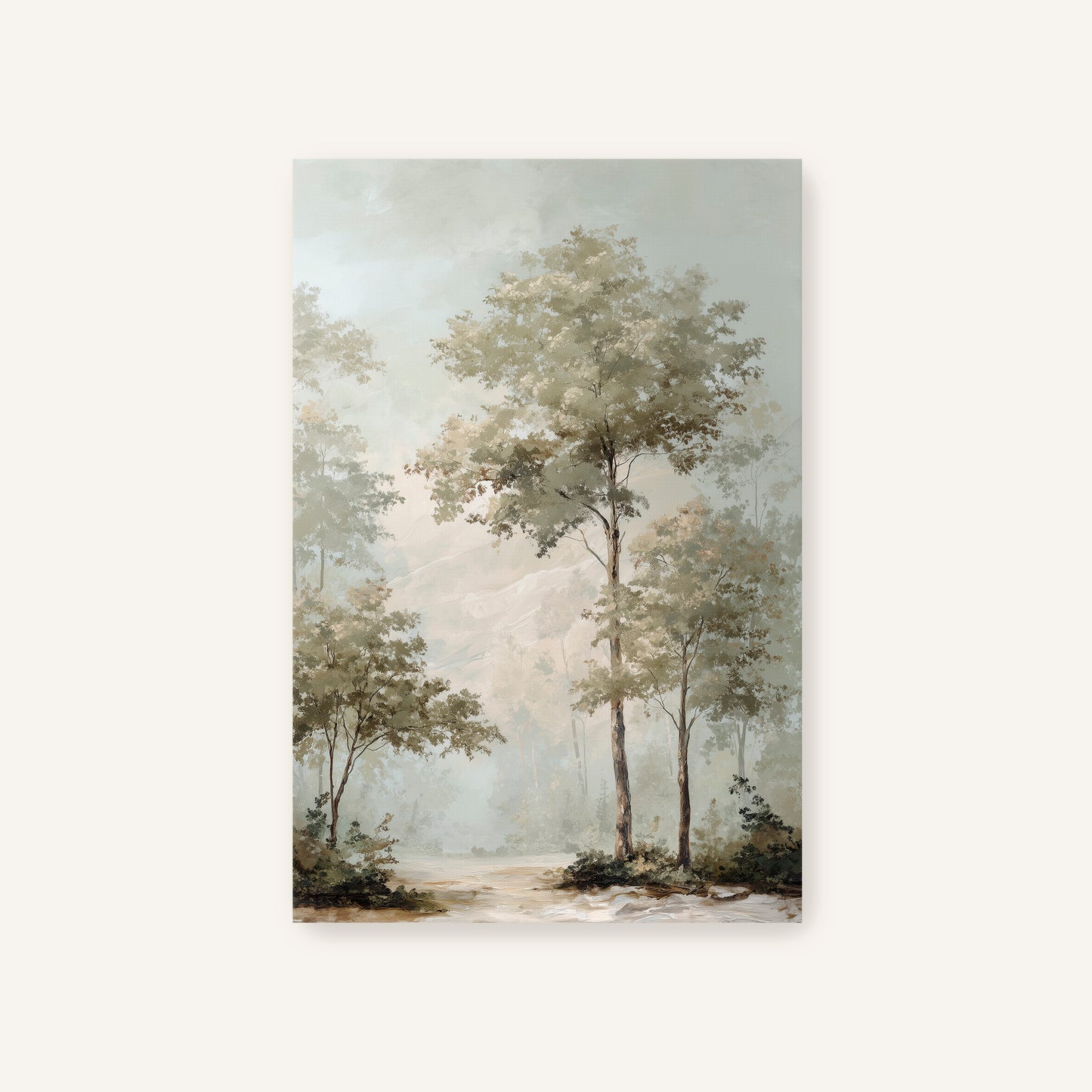 a serene forest scene with tall trees and a winding path leading through the lush greenery.