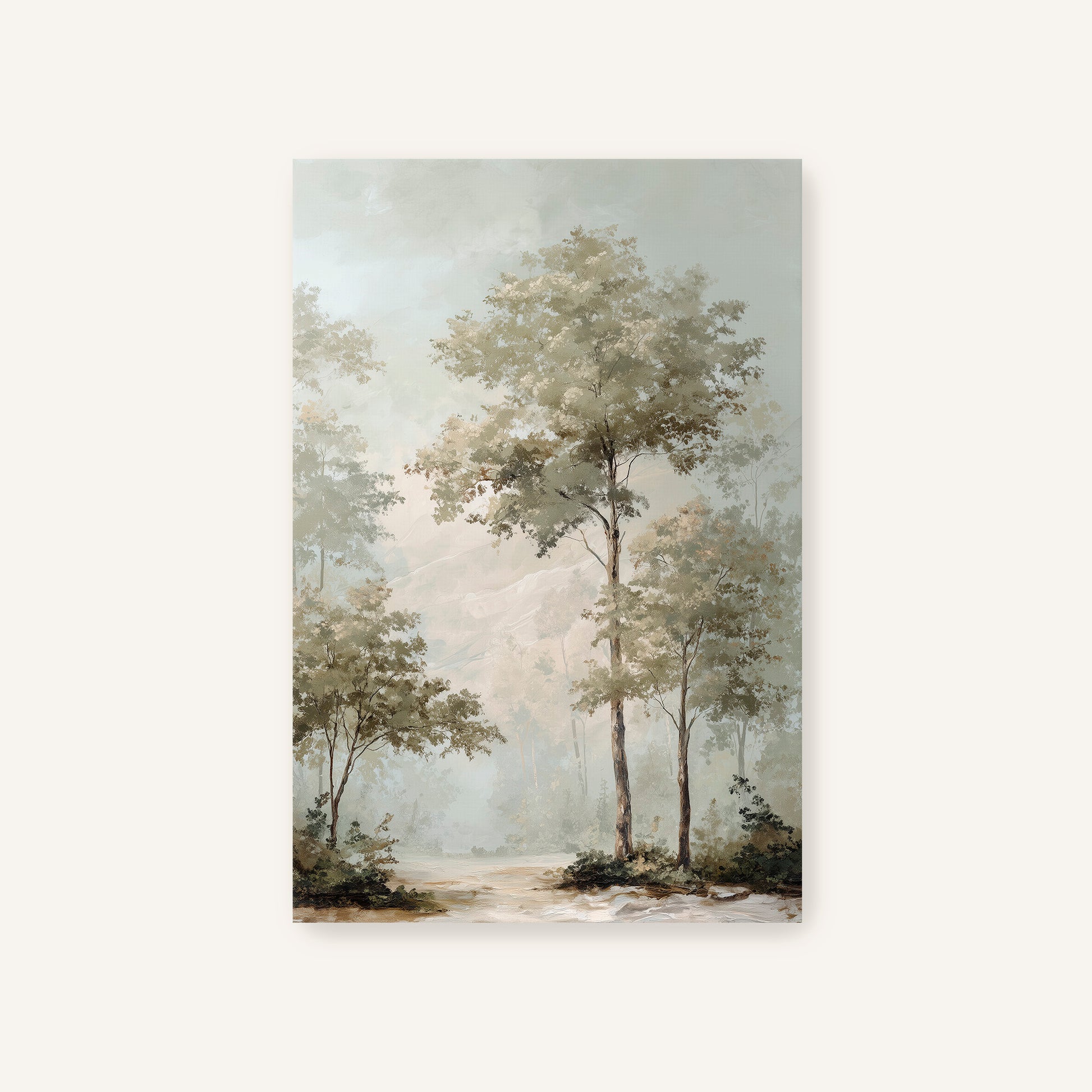 a serene forest scene with tall trees and a winding path leading through the lush greenery.